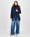 Maralyn & Me Juniors' Faux-fur Hooded Bibbed Puffer Coat In Blue
