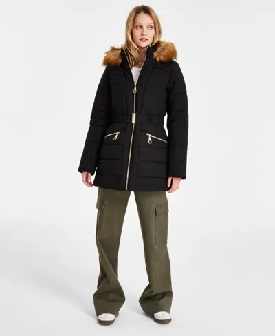 Maralyn & Me Juniors' Faux-fur-trim Hooded Puffer Coat In Black