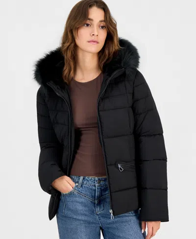 Maralyn & Me Juniors' Faux-fur-trim Hooded Puffer Coat In Black