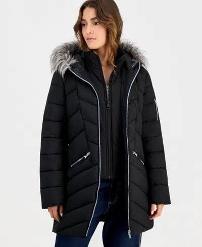 Maralyn & Me Juniors' Faux-fur-trim Hooded Puffer Coat In Black