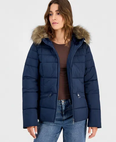 Maralyn & Me Juniors' Faux-fur-trim Hooded Puffer Coat In Navy