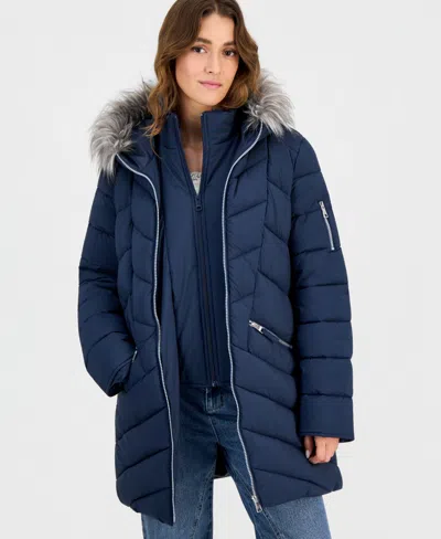 Maralyn & Me Juniors' Faux-fur-trim Hooded Puffer Coat In Multi