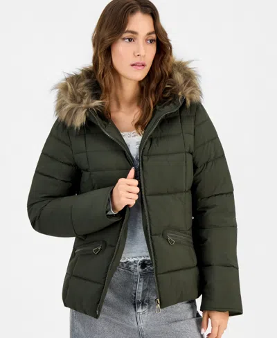 Maralyn & Me Juniors' Faux-fur-trim Hooded Puffer Coat In Olive