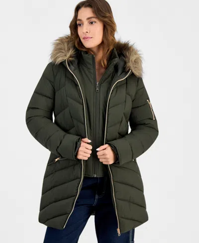 Maralyn & Me Juniors' Faux-fur-trim Hooded Puffer Coat In Green