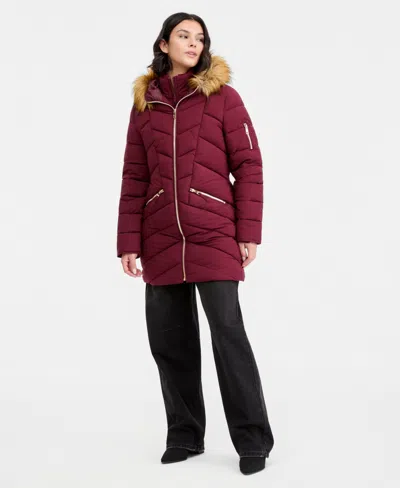 Maralyn & Me Juniors' Faux-fur-trim Hooded Puffer Coat In Wine