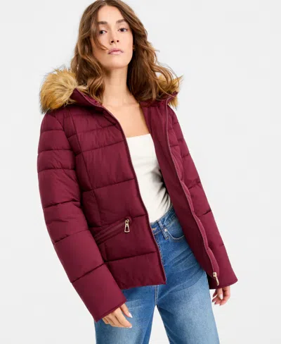 Maralyn & Me Juniors' Faux-fur-trim Hooded Puffer Coat In Wine