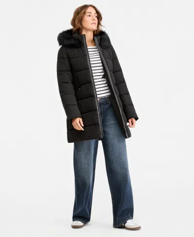 Maralyn & Me Juniors' Hooded Faux-fur-trim Puffer Coat In Black