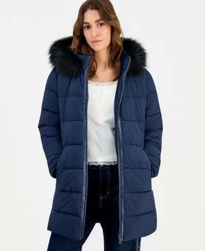 Maralyn & Me Juniors' Hooded Faux-fur-trim Puffer Coat In Navy