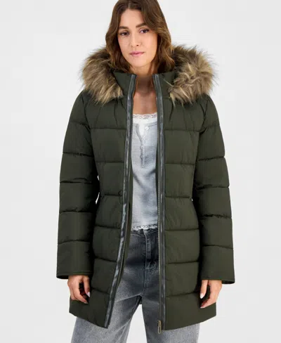 Maralyn & Me Juniors' Hooded Faux-fur-trim Puffer Coat In Olive