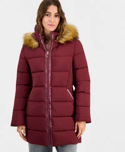 Maralyn & Me Juniors' Hooded Faux-fur-trim Puffer Coat In Wine