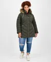 Maralyn & Me Juniors' Plus Size Faux-fur Hooded Puffer Coat In Green