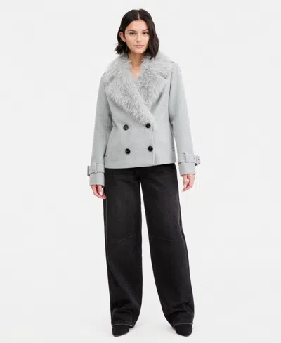 Maralyn & Me Marilyn & Me Juniors' Faux-fur-collar Double-breasted Jacket In Gray