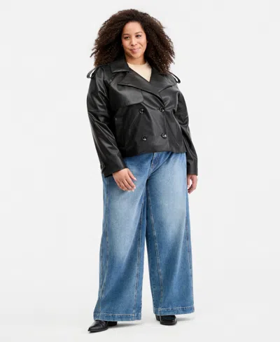 Maralyn & Me Trendy Plus Size Cropped Double-breasted Faux-leather Trench Coat In Black