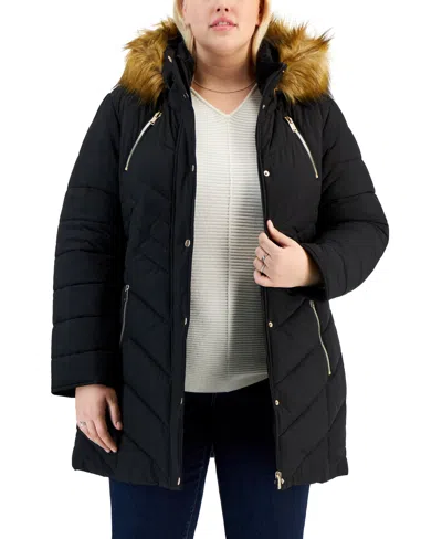 Maralyn & Me Trendy Plus Size Faux-fur-trim Hooded Puffer Coat, Created For Macy's In Black
