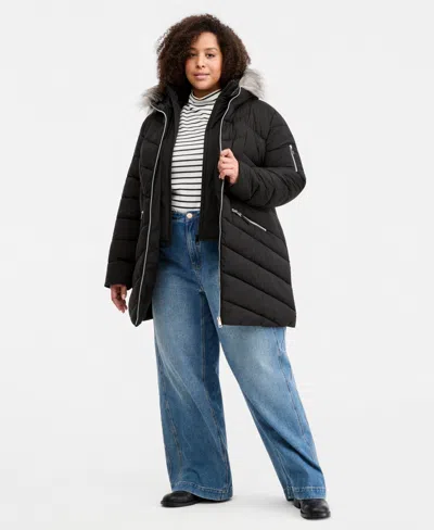 Maralyn & Me Trendy Plus Size Faux-fur-trim Hooded Puffer Coat In Black