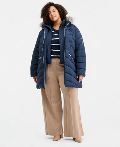 Maralyn & Me Trendy Plus Size Faux-fur-trim Hooded Puffer Coat In Navy