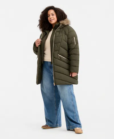 Maralyn & Me Trendy Plus Size Faux-fur-trim Hooded Puffer Coat In Olive