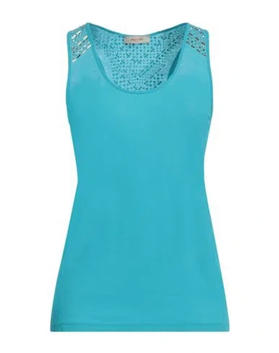 Marani Jeans Woman Tank Top Azure Size 8 Cotton In Blue