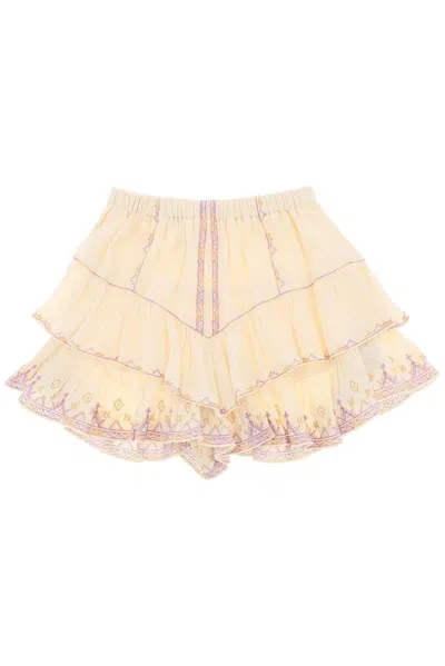 Marant Etoile Jocadia Tiered Ruffled Embroidered Cotton-gauze Shorts In Yellow