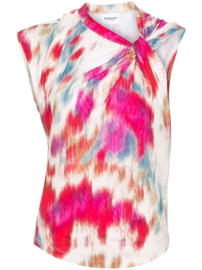Isabel Marant Étoile Nayda Printed Cotton Top W/ Knot In Beige,raspberry