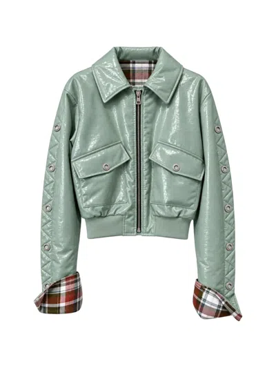 Marbell Emili Quilted-sleeve Patent-finish Jacket In Green