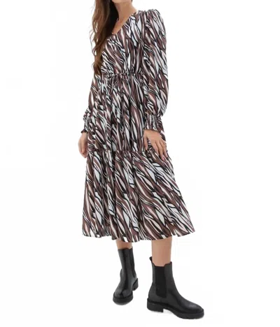 Marble Abstract Print Midi Length Dress In Brown Multi