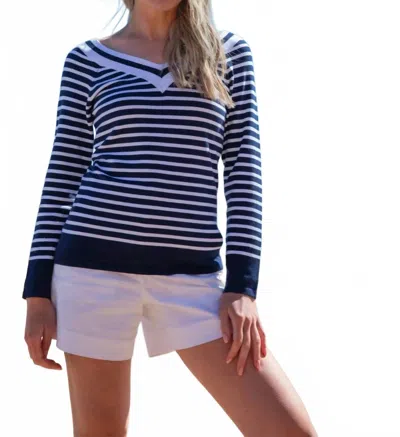 Marble V-neck Fine Knit Contrast Stripe Jumper Top In Blue