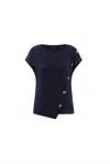 Marble Women's Plain Symmetrical Button Short Sleeve Top In Navy In Blue