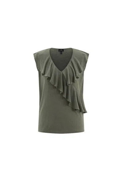 Marble Women's V-neck Ruffle Top In Khaki In Green