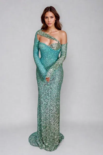 Marc Bouwer Asymmetric Long Sleeve Evening Gown In Multi