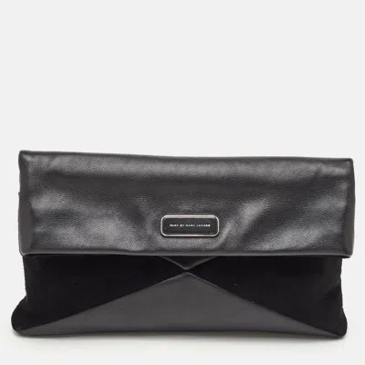 Pre-owned Marc By Marc Jacobs Black Leather And Suede Foldover Flap Clutch