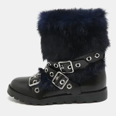 Pre-owned Marc By Marc Jacobs Black/blue Ricky Rex Rabbit Fur And Leather Buckled Moto Boots Size 36.5