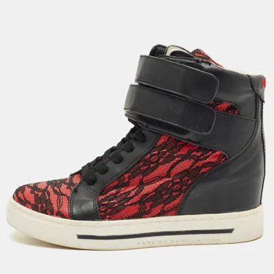 Pre-owned Marc By Marc Jacobs Black/red Lace And Leather High Top Sneakers Size 36