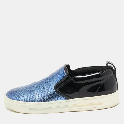 Pre-owned Marc By Marc Jacobs Blue/black Python Embossed Leather Broome Sneakers Size 36