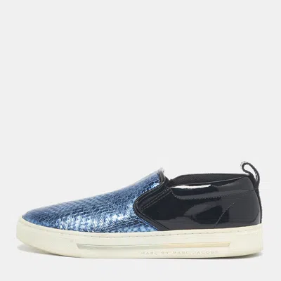 Pre-owned Marc By Marc Jacobs Blue/black Snakeskin Embossed And Patent Leather Broome Slip On Sneakers Size 36