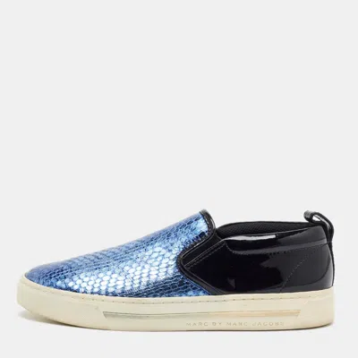 Pre-owned Marc By Marc Jacobs Broome Size 36 Blue/black Patent Leather And Python Embossed Leather Slip On Sneakers