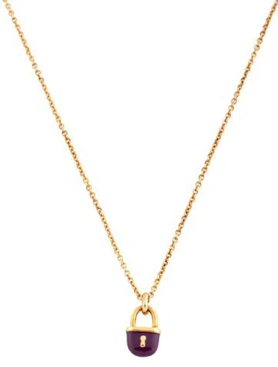 Pre-owned Marc By Marc Jacobs Enamel Lock Pendant Necklace, 18" In Purple