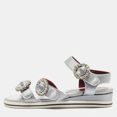 Pre-owned Marc By Marc Jacobs Light Blue Satin Buckle Crystals Embellished Flat Sandals Size 36.5