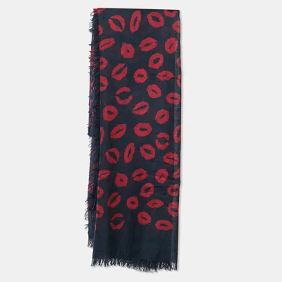 Pre-owned Marc By Marc Jacobs Midnight Blue Kiss Print Cashmere & Silk Scarf In Navy Blue
