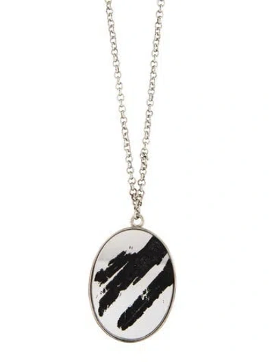Pre-owned Marc By Marc Jacobs Paint Steak Oval Mirror Pendant Necklace, 30" In Black