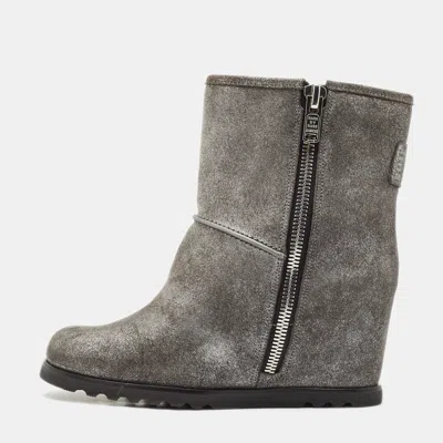 Pre-owned Marc By Marc Jacobs Silver Texture Suede Wedge Ankle Length Boots Size 37