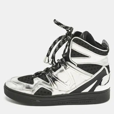 Pre-owned Marc By Marc Jacobs Silver/black Leather And Fabric High Top Sneakers Size 36