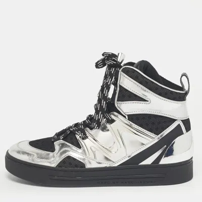 Pre-owned Marc By Marc Jacobs Silver/black Leather And Fabric High Top Sneakers Size 36