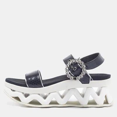 Pre-owned Marc By Marc Jacobs Size 37 Black Snakeskin Embossed Leather Ninj Crystal Embellished Wedge Sandals