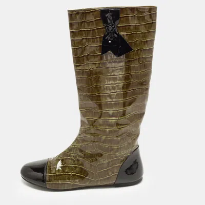 Pre-owned Marc By Marc Jacobs Size 38.5 Green/black Croc Embossed Patent Leather Knee Length Boots