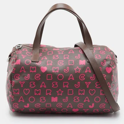 Pre-owned Marc By Marc Jacobs Taupe Brown Leather Heart Logo Print Satchel