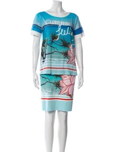 Pre-owned Marc Cain Floral Print Raw-edge Trim Skirt Suit In Blue