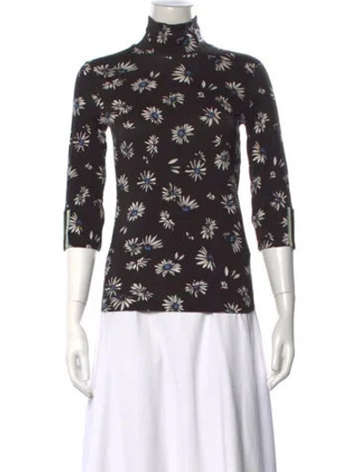 Pre-owned Marc Cain Floral Print Turtleneck Top In Black