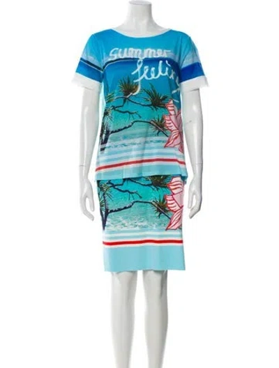 Pre-owned Marc Cain Printed Raw-edge Trim Skirt Set In Blue