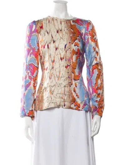 Pre-owned Marc Cain Silk Printed Top W/ Tags In Blue